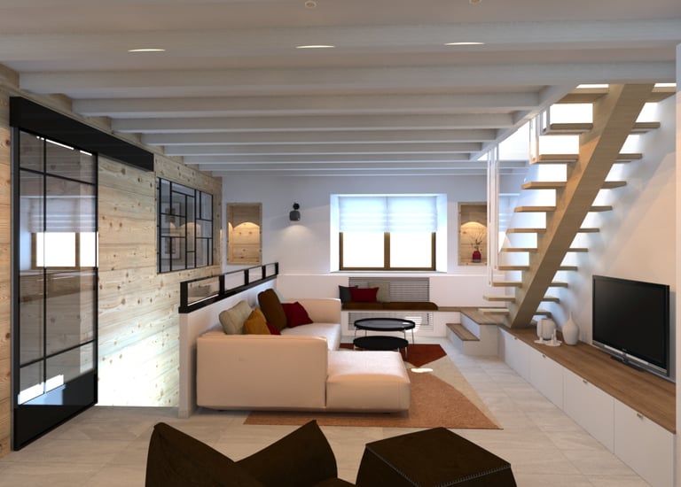 Visuel présentant la rénovation d'un salon avec verrière et escalier sur mesure