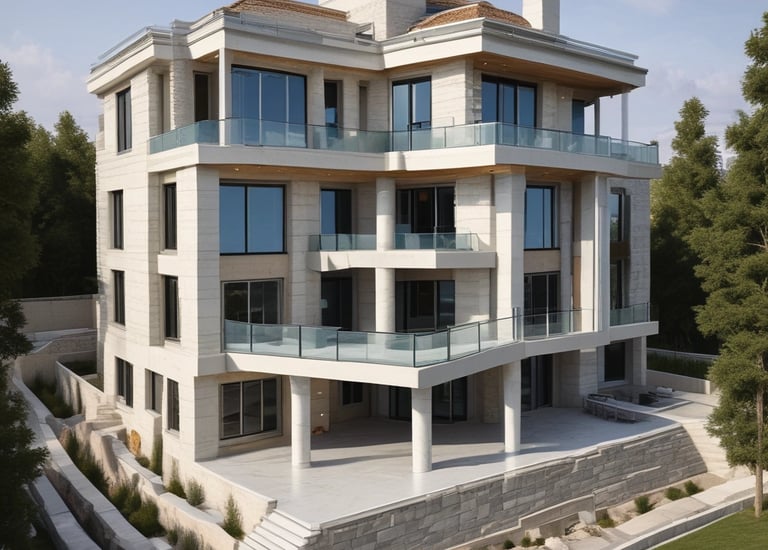 An architectural interior with angular geometric designs featuring a staircase flanked by metal railings. The space is defined by the convergence of modern materials like glass and concrete, highlighted by the interplay of light and shadows.