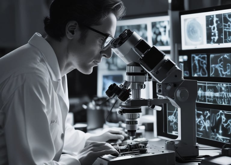 A researcher examining samples under a microscope in a lab.