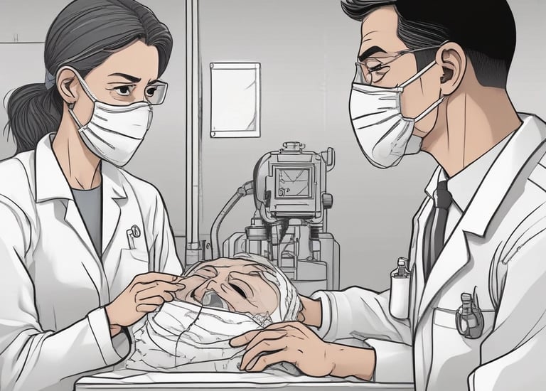 Two surgeons wearing masks and colorful caps are intensely focused on performing surgery under a bright surgical light. They are dressed in teal surgical gowns and white gloves, with a variety of surgical instruments in use.