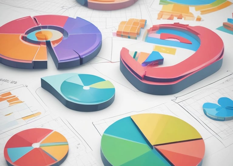 A 3D illustration featuring a variety of shopping and business-related elements. A blue shopping basket is at the center, with a red percentage symbol inside. Nearby, there's a brown paper shopping bag, a pie chart with a target icon, and a light bulb. In the background, there's a bar graph and a megaphone.