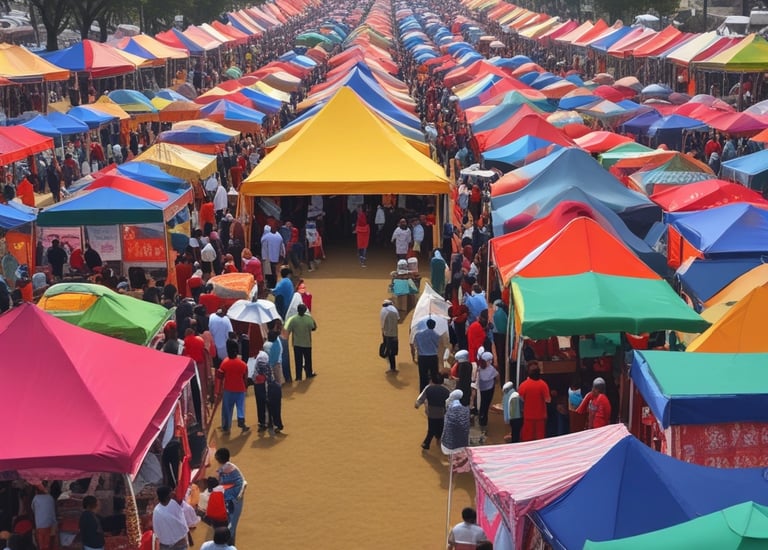 A series of large tents are set up on a dirt path with trees visible in the background. The sky is vividly colored with hues of orange and pink, suggesting either a sunset or sunrise. The tents are white and appear to be made of canvas. There are wires and poles indicating support structures, and shadows are cast due to the low light condition.