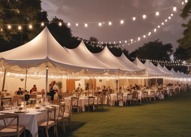 A group of tents set up on a field at night with one brightly illuminated from within. The tents are of various colors, including red, beige, and orange, and are pitched on a dark, expansive ground under a black sky.