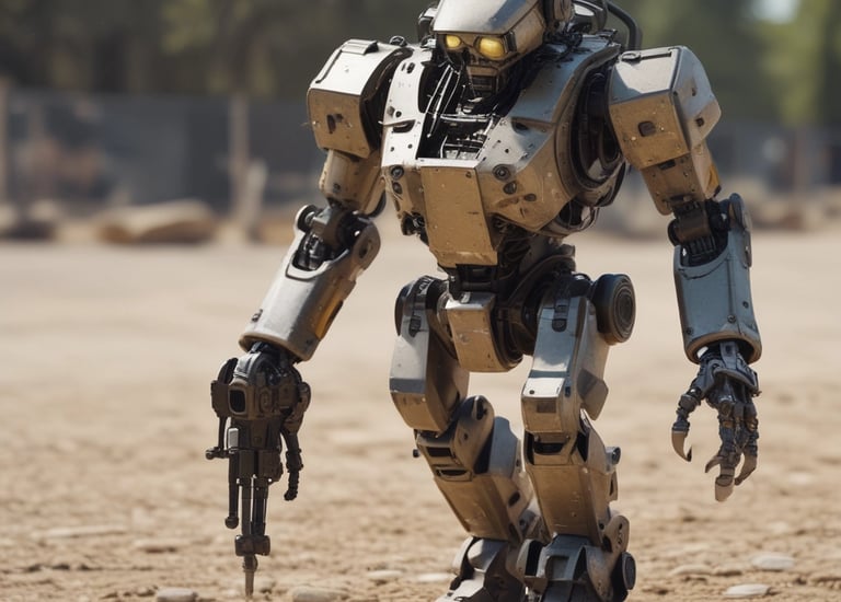 A humanoid robot with white and orange coloring is positioned inside a glass enclosure. The robot has a rounded head with a dark visor and red-lit eyes, and its arms are connected to machinery with flexible tubing. The background includes blurred interior elements with warm lighting.
