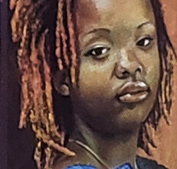 Emotive oil portrait. A woman in blue, echoing strength, depth, and quiet resilience.