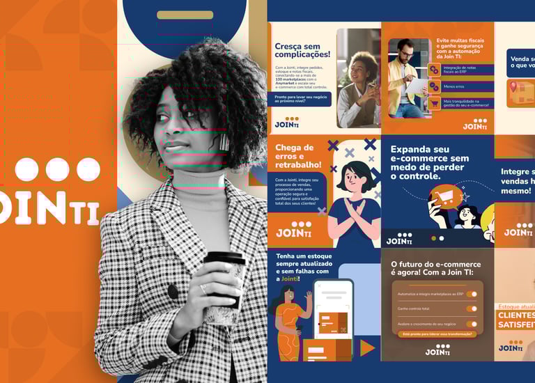 Campanhas visuais da Join TI com foco em integração de sistemas e e-commerce