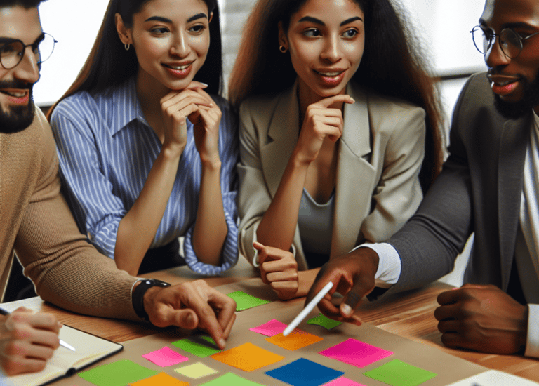A group of people sitting around a table engaged in a discussion, with colorful sticky notes spread 