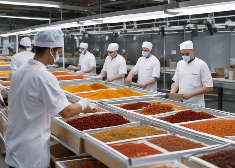 Packaging facility with workers carefully packing spices for export.
