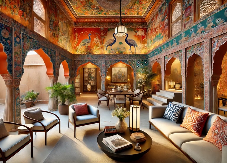 a living room with a couch and chairs having beautiful wall art