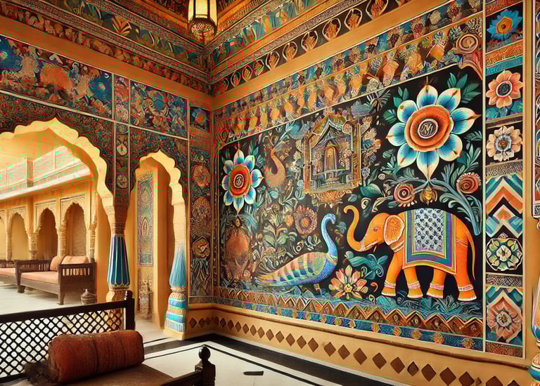 a room with a wall mural of a painting of elephants