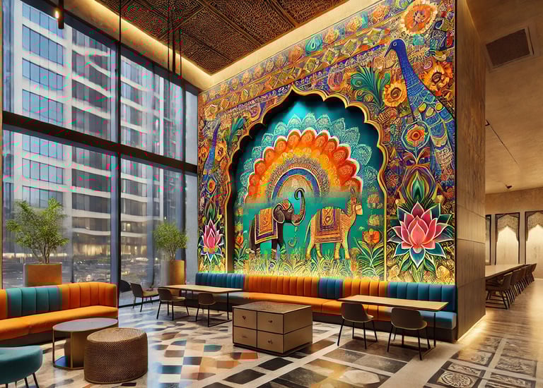 a office wall having mural of a peacock feather in a lobby