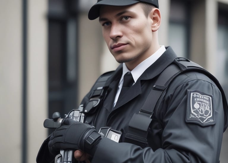 A person is standing outdoors, wearing a neon yellow and black work outfit. There is construction equipment, such as an excavator, in the background, and the area appears to be a construction site with dirt and sparse vegetation.