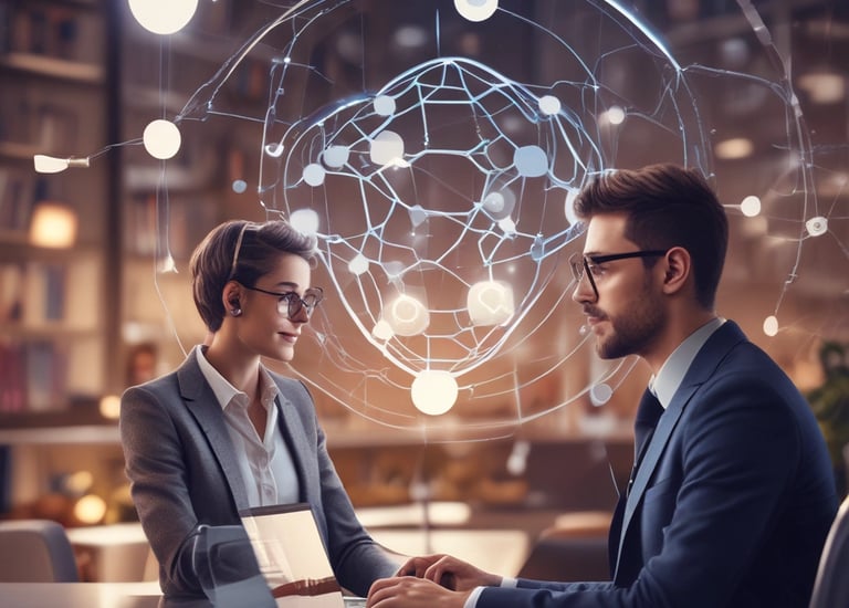 A humanoid robot with large, expressive eyes stands prominently, capturing attention in a tech event setting. People in business attire are visible in the background, engaged in conversation and examining displays. The scene is vibrant with a backdrop that features the phrase 'Connected All Over Europe' in bold pink lettering.