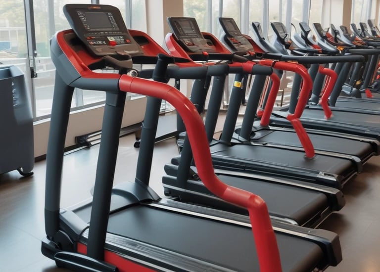 A gym room featuring several Cybex exercise machines arranged neatly. The machines are predominantly white with red seating, and the room has a clean, orderly appearance with overhead fluorescent lighting. The walls are a neutral color, and the flooring appears to be a mix of beige and light wooden tones.