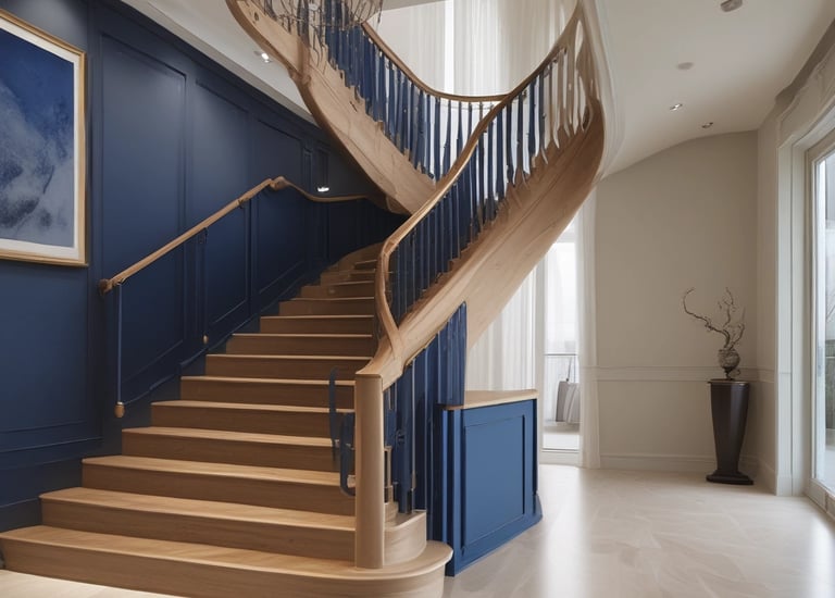 Wooden staircase viewed from one side, showing craftsmanship in natural light