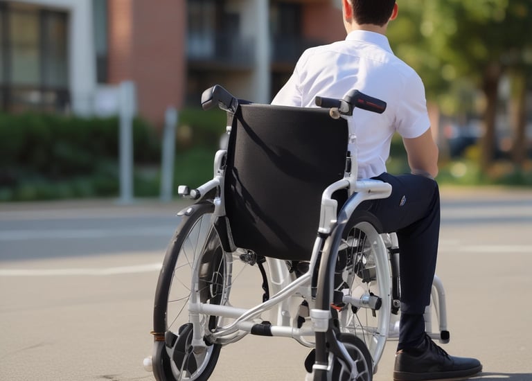 A person in a hoodie, using a wheelchair equipped with a large green delivery backpack labeled 'Grab.' They are on a paved street with parked cars on the side and a multi-story residential building in the background.