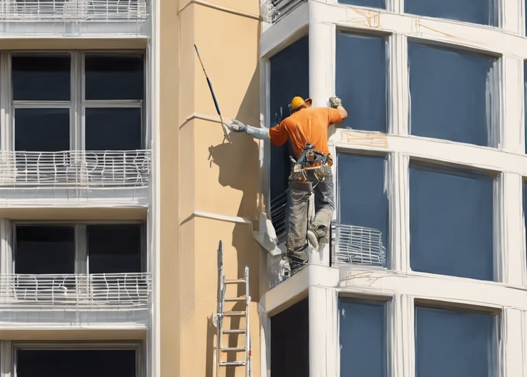 professional at heights and outside a building with a ladder painting a balcony.