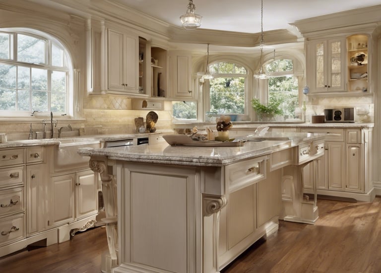 a kitchen with a large island and a large window