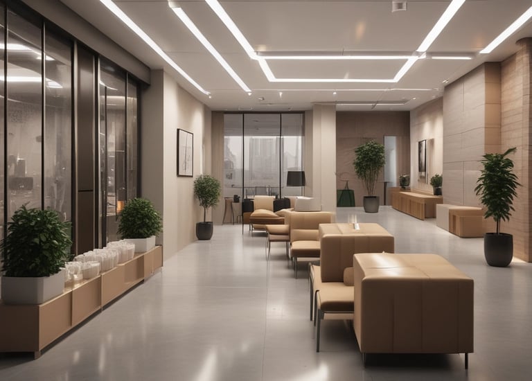 A modern office layout with collaborative workspaces.