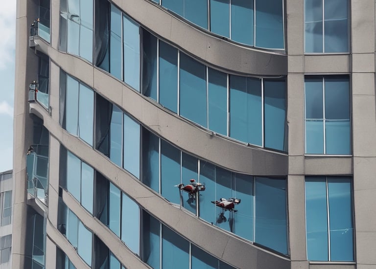 A close-up of a building facade being cleaned by a drone.