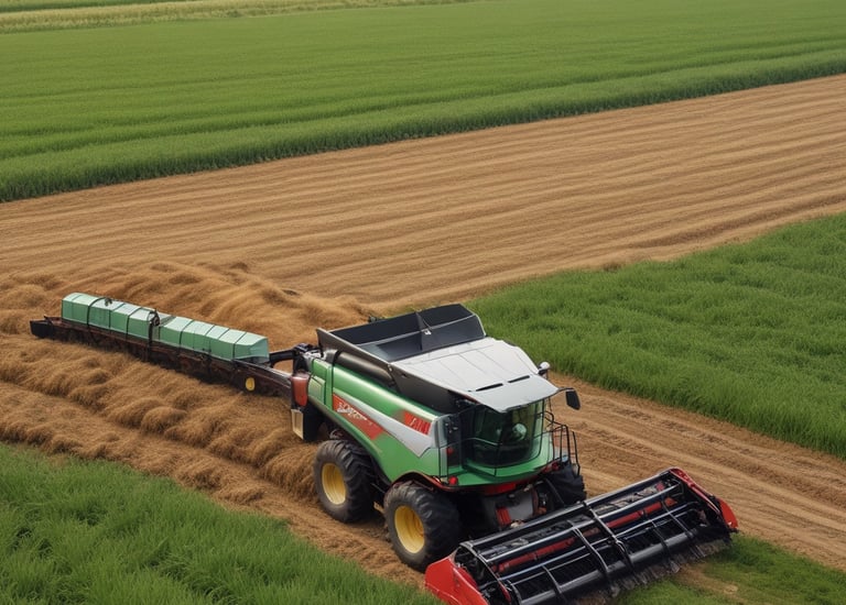 a tractor and a combine harvesting a field of wheat