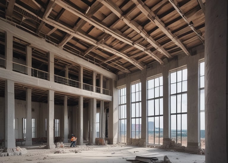 A high-rise building under construction, featuring a modern architectural design with visible concrete structural elements and partially completed exterior. Scaffolding and construction materials are present, indicating ongoing work.