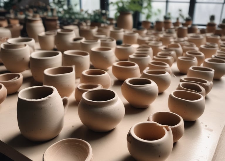 A well-lit interior of a shop filled with a variety of pottery and ceramic items, displayed on shelves and tables. The shop showcases an array of teapots, bowls, and decorative statues. The ambiance is enhanced by hanging lamps and a wooden slatted ceiling. There's a touch of greenery with potted plants adding to the decor, and large windows offer a view of trees outside.