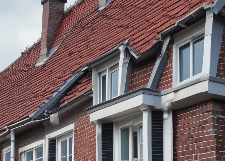 A picturesque tiled roof under a clear sky.