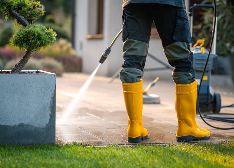 Un professionnel utilise un nettoyeur haute pression pour nettoyer une terrasse en pierre 