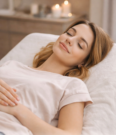 A woman relaxing with her eyes closed during a professional facial treatment