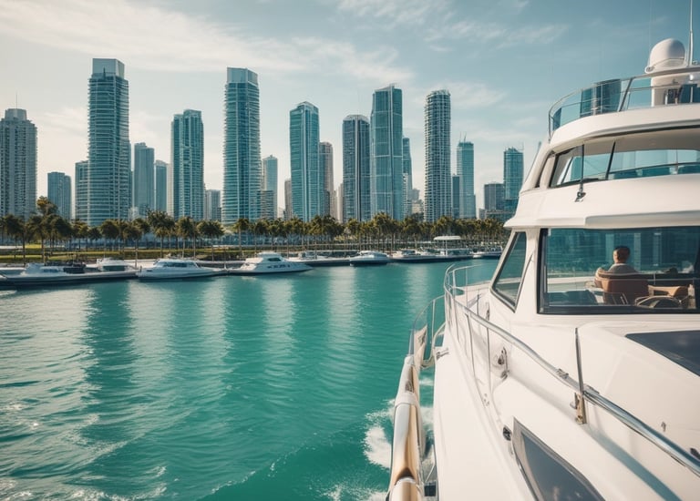A small motorboat is docked in a calm marina with clear blue water. Several yachts are lined up across the water, with a cityscape of mid-rise buildings in the background. The sky is clear and sunny, and a few palm trees and green spaces are visible by the waterfront.
