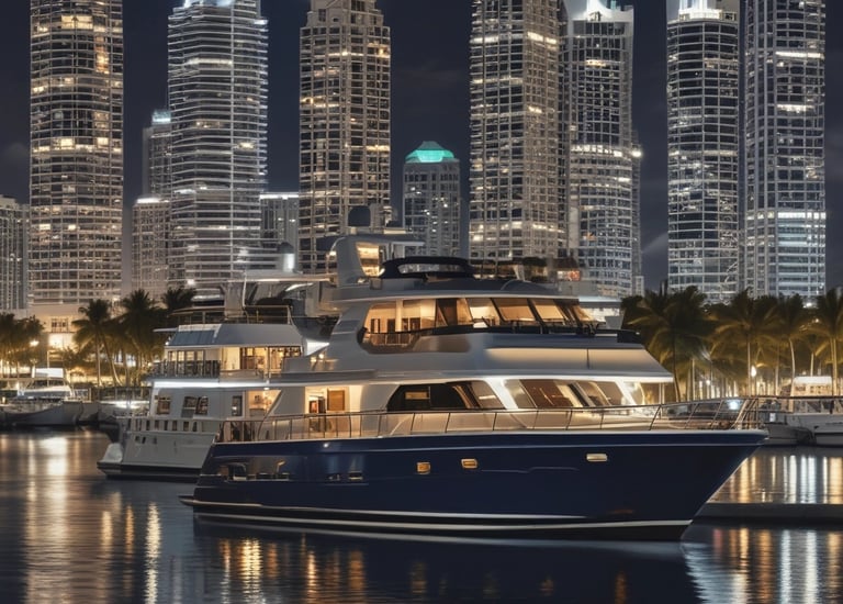 A sleek, modern yacht is gliding through a body of water with gentle waves. In the background, a cityscape featuring historic architecture, including minarets and domes, can be seen under a clear blue sky, creating a serene and picturesque scene.