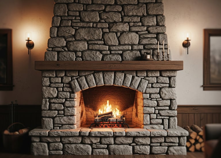 stone masonry installed on fireplace hearth