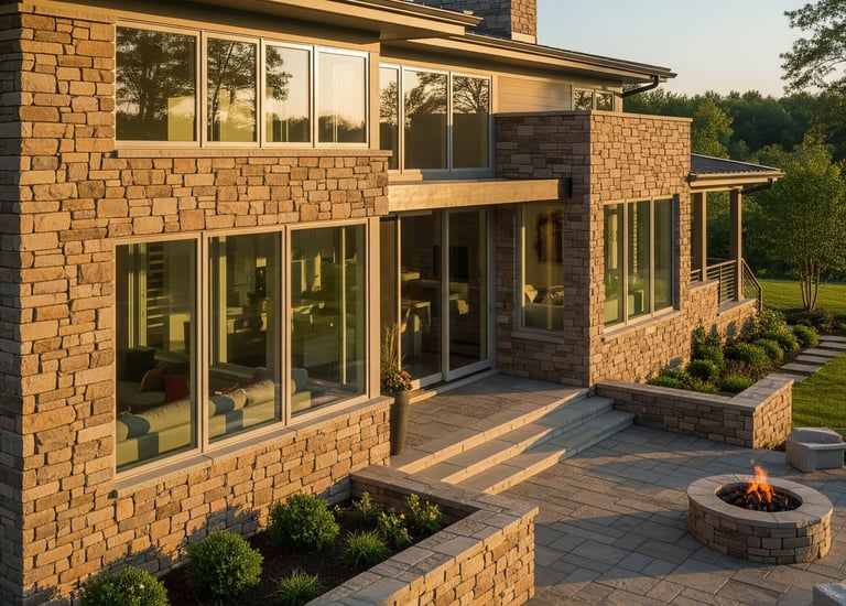 a stone house with a fire pit in the backyard