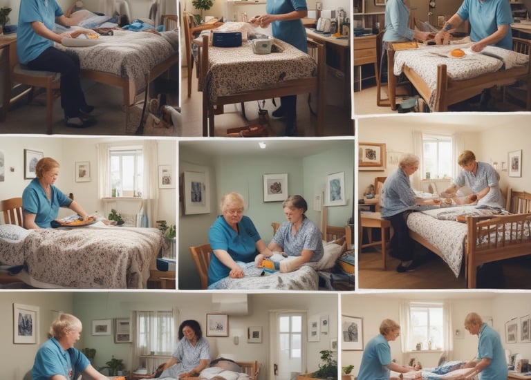 A healthcare professional is assisting a patient in a clinical setting. The patient is sitting on a chair, holding a cup near her mouth. The healthcare worker is wearing gloves and a protective gown, attending to the patient with what appears to be a medical procedure or care routine.