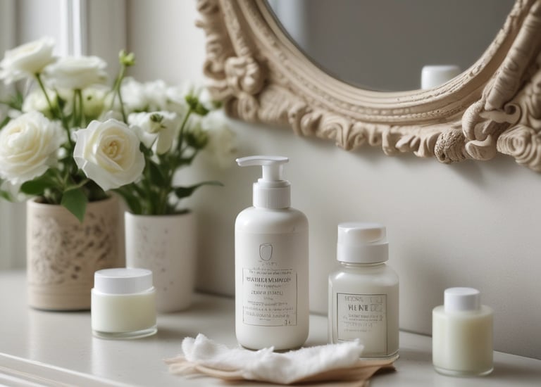A collection of skincare products are arranged on a glossy surface. The central focus is a green tube from L'Occitane with intricate labeling. Surrounding it are a white cylindrical container and a gray tube with blue accents. In the background, a decorative green and white ceramic object and a blurred, abstract pattern add to the aesthetic.
