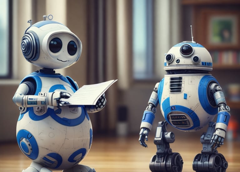 One happy robot reviewing another robot's resume.