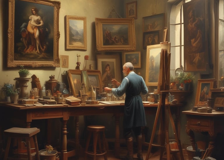 A gallery window display featuring various artworks, including paintings of butterflies, abstract shapes, and natural scenes. The display is well-lit with spotlights and includes floral arrangements and decorative elements. The gallery has a large sign that reads 'art' with the initial letters in a stylized font.