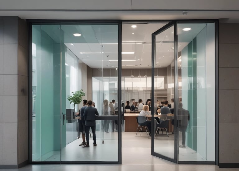 A group of people dressed in formal attire are standing in front of a real estate office. The storefront displays a large sign with an URL and various social media icons, and text in a foreign language. The group mostly consists of men in white shirts and dark trousers, standing in a straight line, with two women at either end of the row.