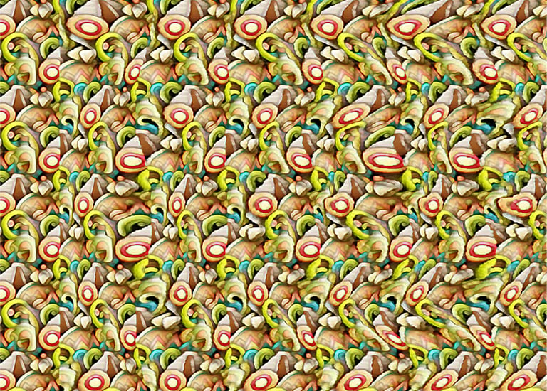 This seemingly random 2D pattern hides a deep 3D image of a SPIRAL when viewed as a stereogram.