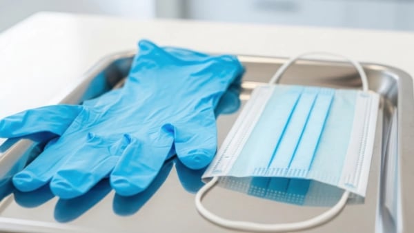 Blue disposable gloves and a surgical face mask placed on a metal tray in a clinical setting