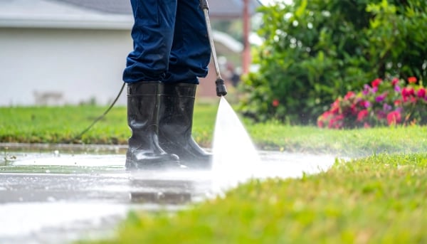Person in rubber boots using a pressure washer to clean a wet outdoor concrete surface near grass and flowers
