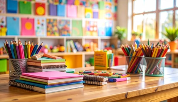 Colorful classroom with school supplies like notebooks, pencils, and crayons organized on a wooden table