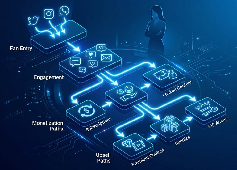 Flowchart of fan engagement and upsell paths for an OnlyFans creator funnel