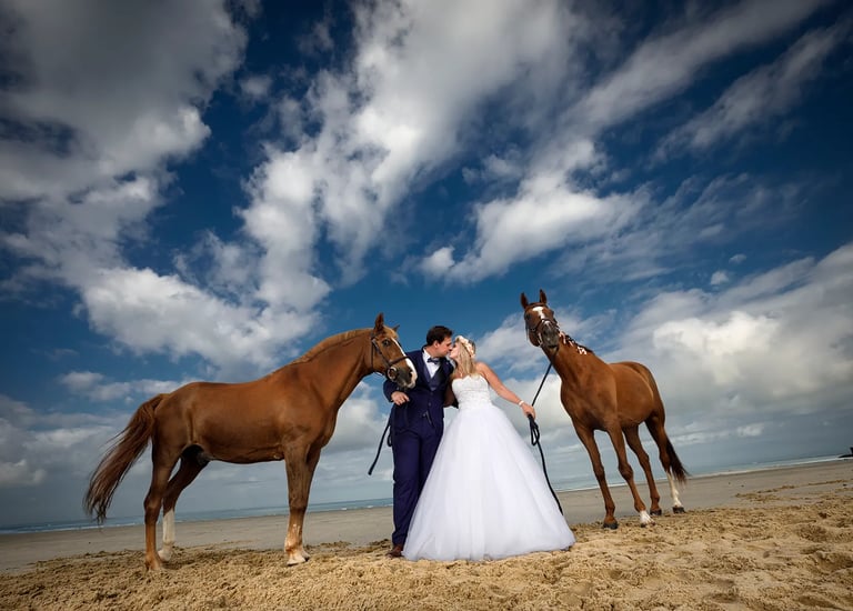 celebre photographer weeding florent studio lille-after-day-mariage-couple-et-leurs-chevaux-sur-la-plage-saint omer-le touque