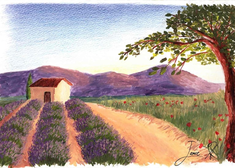 a painting of a house in the country side field of lavenders