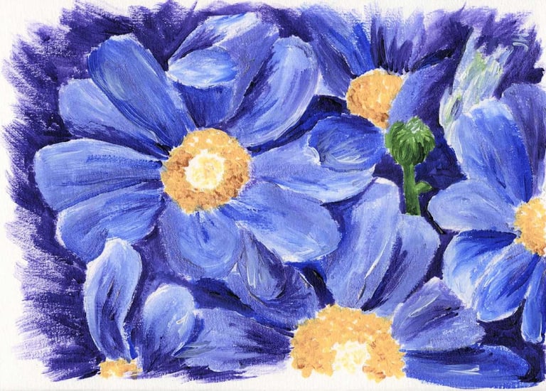 a painting of blue flowers on a dark violet background