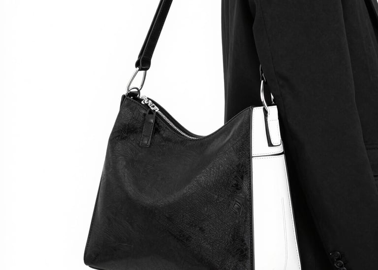 A brown leather handbag with a structured rectangular shape is prominently displayed. It features two handles and buckle accents on the front, highlighting a classic and elegant design. The stitching is visible along the edges, adding to the refined appearance.