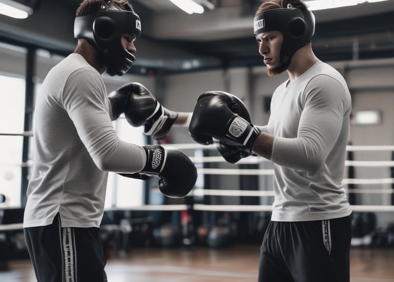 Two  are performing lunges in a well-lit studio, each holding dumbbells in their hands. They are both wearing athletic clothing, and cartons of boxed water are placed on the floor nearby. Large windows allow natural light to illuminate the wooden floor.
