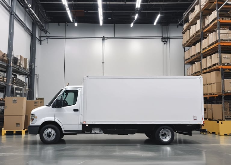 A large moving truck is parked on a residential street in front of a house with beige siding and white garage door. The truck is branded with 'Los Angeles Transfer And Storage,' featuring contact information and graphics of a city skyline. The sky is overcast, and the street is empty.